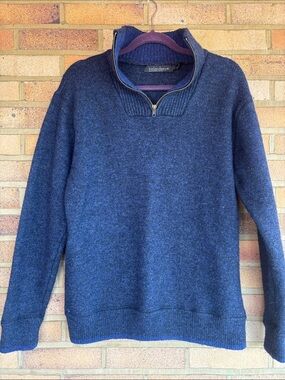 Irelands Eye Men’s Quarter -Zip 100% Wool Knit Sweater Navy Blue L